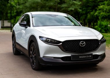 Beyaz SUV nehir kıyısı boyunca park halindedir, açık mavi gökyüzü altında canlı yeşil ve şehir silueti karşı çarpıcı bir kontrast sağlar.