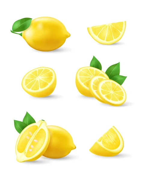 Set Realistic Lemon Green Leaf Whole Sliced Sour Fresh Fruits — Stock Vector