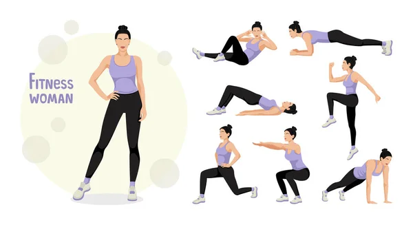 Fitness Egy Sor Gyakorlat Nőknek Tüdő Fekvőtámasz Guggolás Deszka Testedzés — Stock Vector