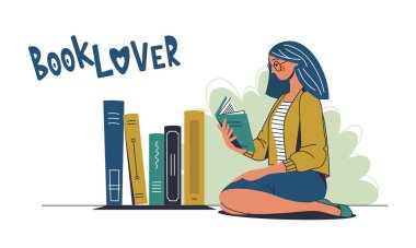 Bir kadın oturur ve zevkle bir kitap okur. Kitapların arka planında kitap aşığı. Kitap terapisi seansı. Tasarım kavramı. Vektör düz resimleme