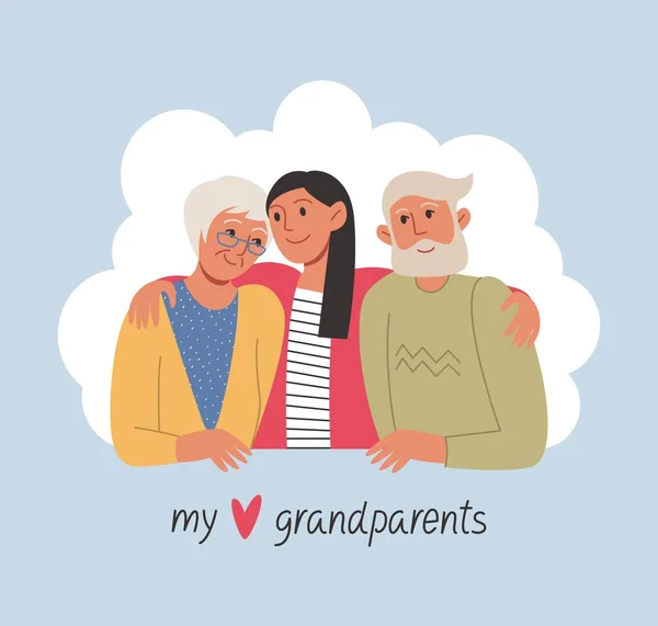 Egy Felnőtt Unoka Megöleli Nagyapját Nagyanyját Szeretett Nagyszüleim Betűk Kézzel — Stock Vector