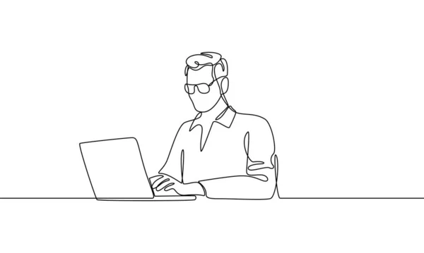 一个戴眼镜的男人坐在桌旁 用笔记本电脑上网工作或接受教育的连续线条画 矢量线形图标 — 图库矢量图片