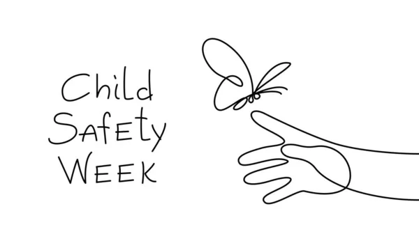 Devamlılık çizgisi, özet. Çocuk güvenliği haftası. Kelebekli bir çocuk eli. Mesajlı pankart. Vektör illüstrasyonu