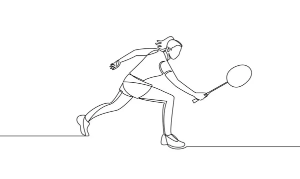 Desenho Linha Contínua Única Uma Jovem Que Joga Badminton Desporto — Vetor de Stock
