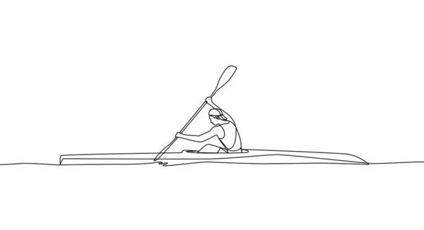 一个人在独木舟上跨越距离的单幅连续线条 独木舟冲水 独木舟冲刺 单行绘图矢量图 — 图库矢量图片