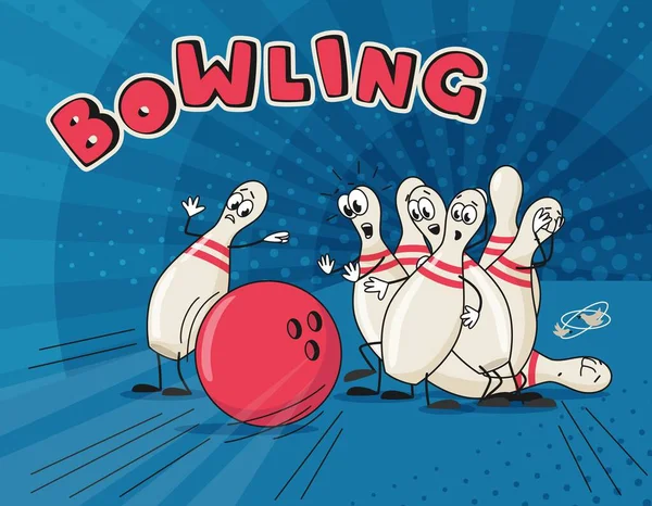 Kırmızı bovling topunun komik çizimi, gözleri ve elleri bovling sahasında olan şekerlemelere çarpar. Bowling grevi illüstrasyonu