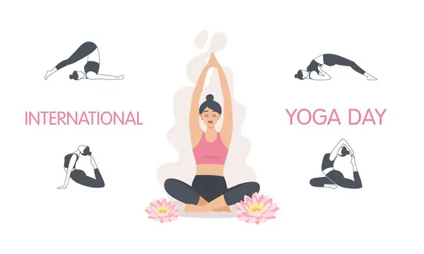 Internationaler Tag Des Yoga Juni Frau Der Lotusstellung Verschiedene Yoga — Stockvektor