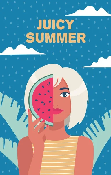 ジューシーな夏 夏時間 スライスしたスイカの女性 最小限のスタイルでベクトルイラスト ポスター — ストックベクタ