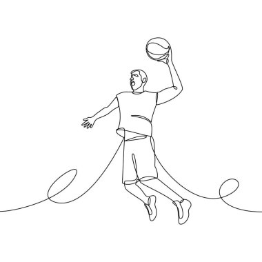 Elinde topla zıplayan bir basketbolcunun durmaksızın çizdiği çizgi. Vektör doğrusal illüstrasyon, kontur
