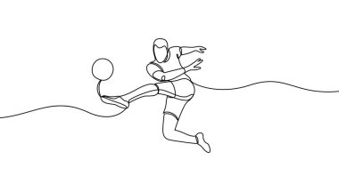 Futbolcu topa vurur. Futbol mu? Devamlı çizgi çizimi. Beyaz arka planda minimalist siyah çizim. Vektör illüstrasyonu