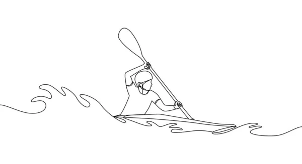 Una Sola Línea Continua Dibujo Hombre Superando Distancia Una Canoa — Vector de stock