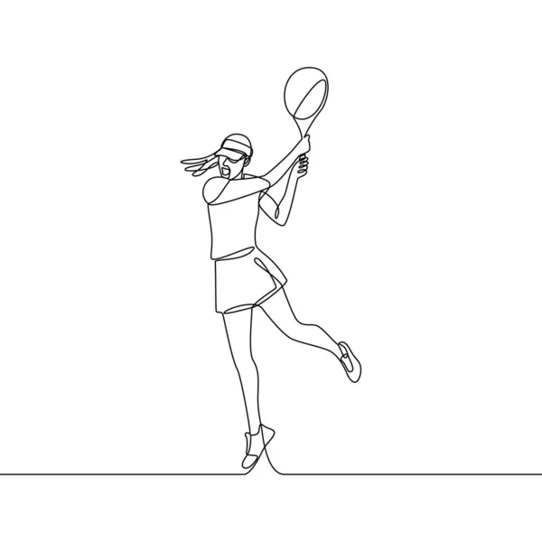 Ciągły Tenis Liniowy Kobieta Wyskoczyła Żeby Uderzyć Piłkę Sport Zawody — Wektor stockowy