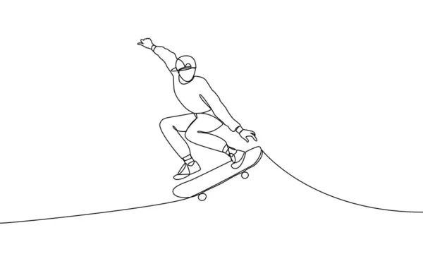 スケートボードのジャンプトリックを行う若い男の単一の連続的なライン図 スポーツ スケートボード 最高のスポーツ フリースタイル 1行のベクトルイラスト — ストックベクタ