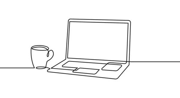 Desenho Linha Contínua Laptop Uma Xícara Café Chá Ilustração Ícone — Vetor de Stock