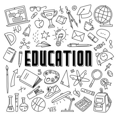 Eğitim karalama nesneleri ayarlandı. Okul malzemeleri ve yaratıcı unsurlarla el yazısı. Okula dönelim. Vektör illüstrasyonu.