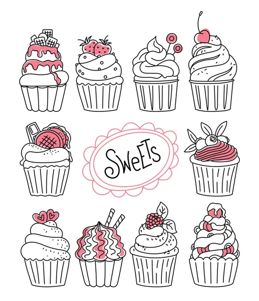 Cupcakes Setzen Vektor Handgezeichnete Doodle Symbole Dessert Illustrationen Gebäck Cupcake — Stockvektor
