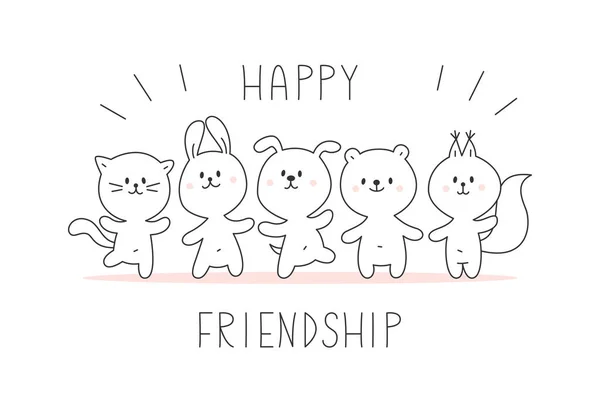 Hand Drawn Vector Illustration Cute Animals Happy Friendship Hare Bear — Stock Vector