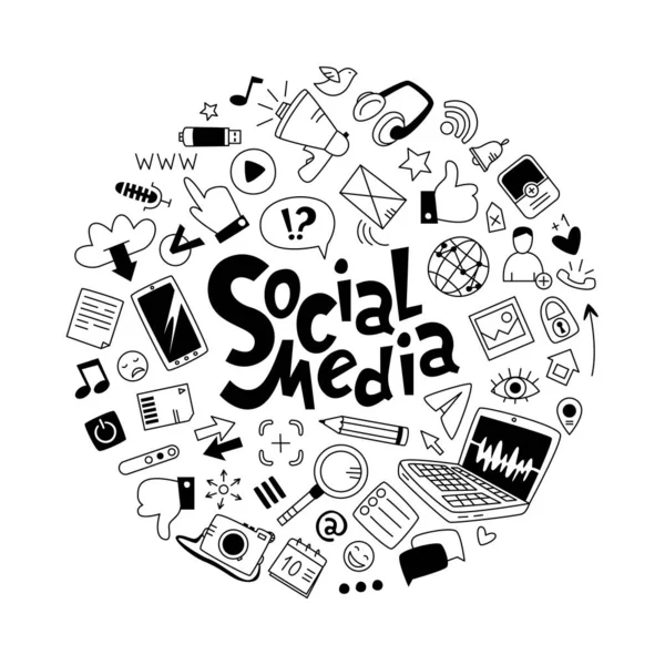Sosyal ağların temasına vektör karalamaları. Yazı sosyal medya ile doğrusal çizimler