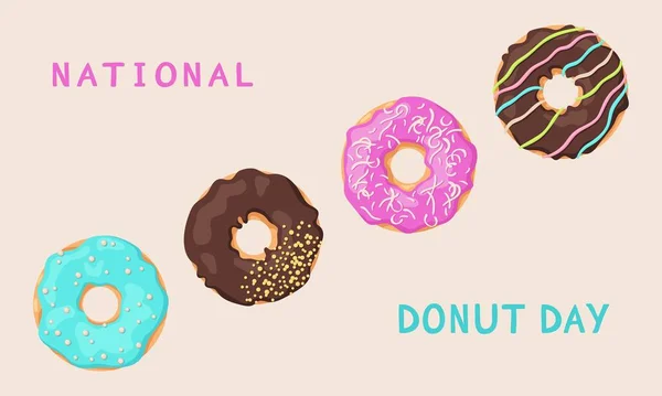 Εθνικό Πανό Ημέρας Ντόνατ Διαφημιστικό Mockup Ποικιλία Από Νόστιμα Ντόνατς — Διανυσματικό Αρχείο