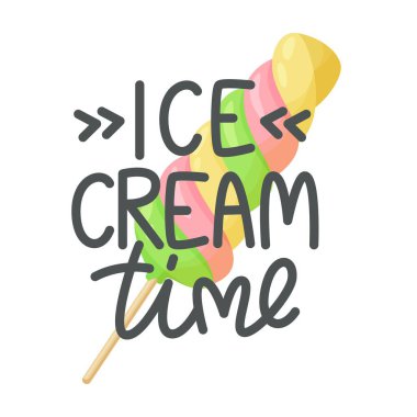 Dondurma zamanı. Dondurma hakkında el yazması harfler. Buz şekeri. Yaz vektörü illüstrasyonu