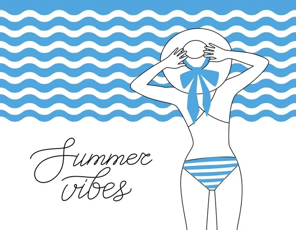 Sommerstimmung Banner Mit Einer Jungen Frau Bikini Und Hut Lineare — Stockvektor