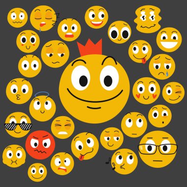 Emoji kralı ve bir grup sevimli emoji karakteri. Gri arkaplanda vektör düz illüstrasyon.