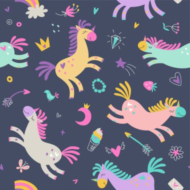 Karanlık bir arka planda kusursuz şirin tek boynuzlu at deseni. Vektör çizimi. Doğum günü kavramı