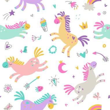 Şirin tek boynuzlu atların kusursuz deseni. Vektör çizimi. Doğum günü kavramı.