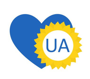 Ukrayna bayrağı renginde kalp ve ayçiçeği. UA. Ukrayna sembollerinin simgesi. Vektör düz resimleme.