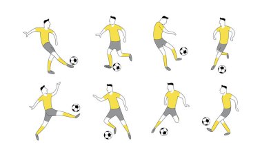 Futbolcu farklı pozisyonlarda, karalama tarzı, çizgisel. Vektör illüstrasyonu