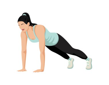 Şınav çeken güzel bir atletik kadın. Vücut egzersizi. Vektör illüstrasyonu beyaz arkaplanda izole edildi