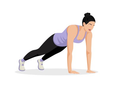 Şınav çeken güzel bir atletik kadın. Vücut egzersizi. Vektör illüstrasyonu beyaz arkaplanda izole edildi