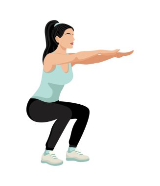 Çömelme hareketleri yapan güzel bir atletik kadın. Vücut egzersizi. Vektör illüstrasyonu beyaz arkaplanda izole edildi