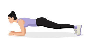 Spor tahtası yapan güzel bir atletik kadın. Vücut egzersizi. Vektör illüstrasyonu beyaz arkaplanda izole edildi