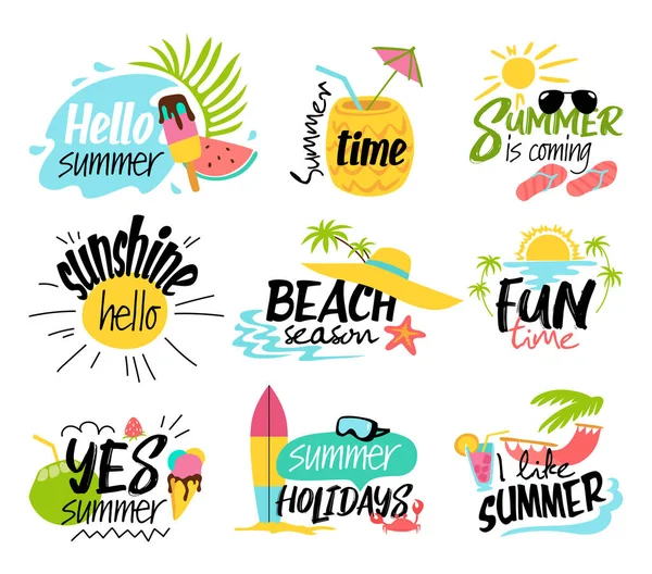 Set Von Sommer Etiketten Logos Handgezeichneten Tags Und Elementen Für — Stockvektor
