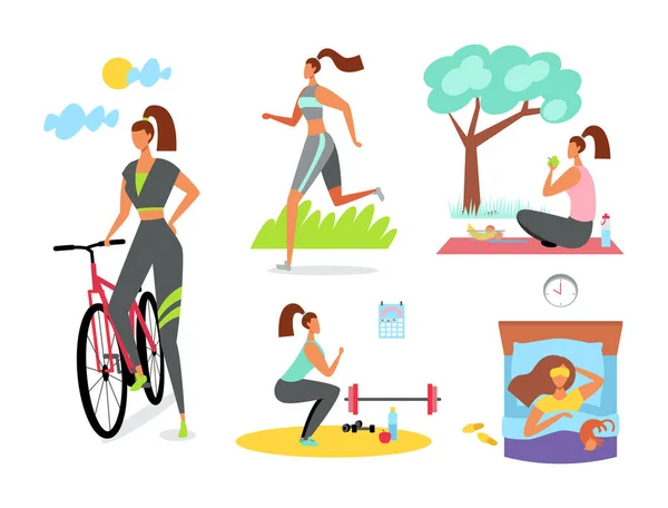 stock vector Healthy lifestyle set. Flat vector illustration of a woman with a bike, runs, eats healthy food, goes in for sports, exercises, healthy sleep. Taking care of yourself. World Health Day.