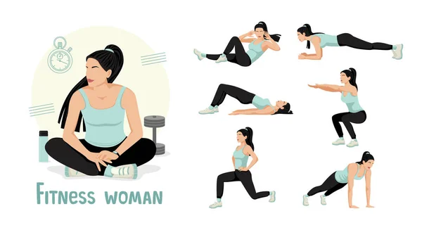 Conjunto Exercícios Para Mulheres Aulas Fitness Pulmões Flexões Agachamentos Prancha —  Vetores de Stock