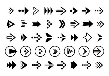 Beyaz arka planda büyük bir ok seti siyah ikon. Ok simgesi. Vektör ok koleksiyonu. Ok at. İmleç. Modern basit oklar. Web sitesi için vektör illüstrasyonu