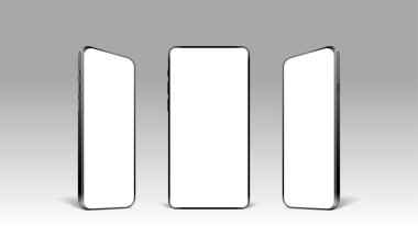 Bir grup siyah cep telefonu, akıllı telefon, izole edilmiş, ön ve yan görüş. Gerçekçi biçimdeki vektör illüstrasyonu