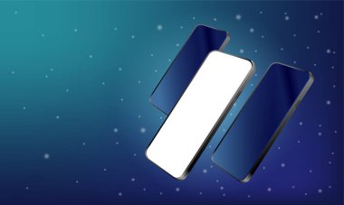 Modern bir akıllı telefonun bir şablonu ya da maketi, koyu mavi arka planda iki telefon arasında perspektif olarak ileri itilir. Gerçekçi vektör illüstrasyonu.