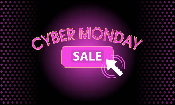 Siber pazartesi konsept pankartı, parlayan pembe tabela, satış düğmesinde ok imleci, düğmeye basma, siber pazartesi indirimleri. Projeleriniz için vektör illüstrasyonu.