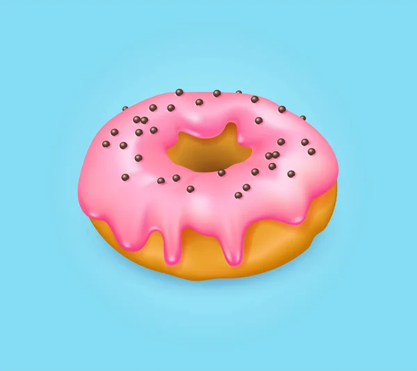 现实的粉色釉面甜甜圈撒满了巧克力球 蓝色背景的3D矢量说明 — 图库矢量图片