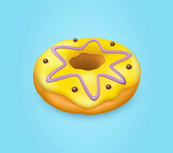 Donut Vitrificado Amarelo Realista Com Polvilhas Ilustração Vetorial Fundo Azul —  Vetores de Stock