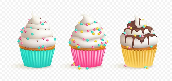 Σετ Ρεαλιστικών Cupcakes Κρέμα Και Επικάλυψη Που Απομονώνονται Διαφανές Φόντο — Διανυσματικό Αρχείο