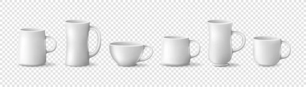 Uppsättning Realistiska Vita Kaffekoppar Isolerad Transparent Bakgrund Förlöjliga Mallar Matt — Stock vektor