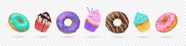 Σετ Ρεαλιστικών Ντόνατς Και Cupcakes Πιτσιλιές Κρέμα Και Γλάσο Που — Διανυσματικό Αρχείο
