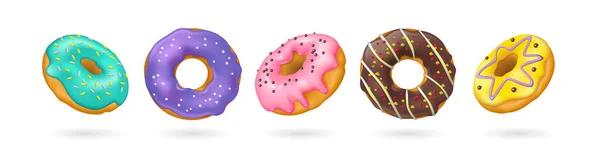 Set Van Realistische Donuts Met Hagelslag Geïsoleerd Witte Achtergrond Vector — Stockvector