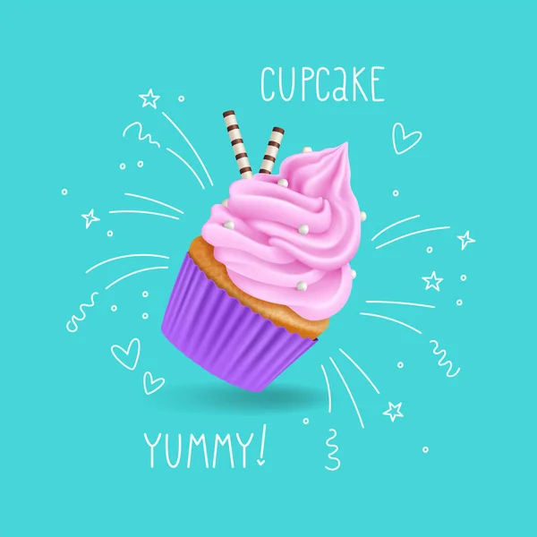 Niedliche Realistische Cupcake Mit Doodles Illustration Von Nahrungsmittelvektoren — Stockvektor