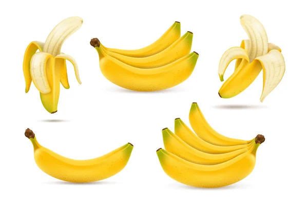 Juego Plátanos Maduros Frutas Dulces Tropicales Ilustración Vectorial Realista — Vector de stock