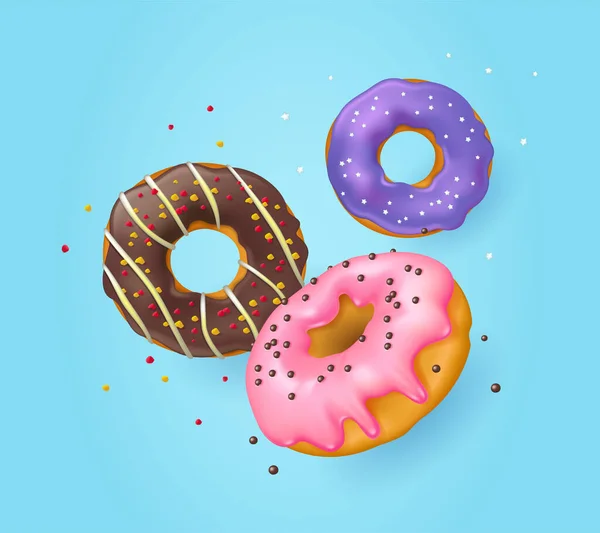 Donuts Esmaltados Realistas Que Caen Con Aspersiones Sobre Fondo Azul — Vector de stock